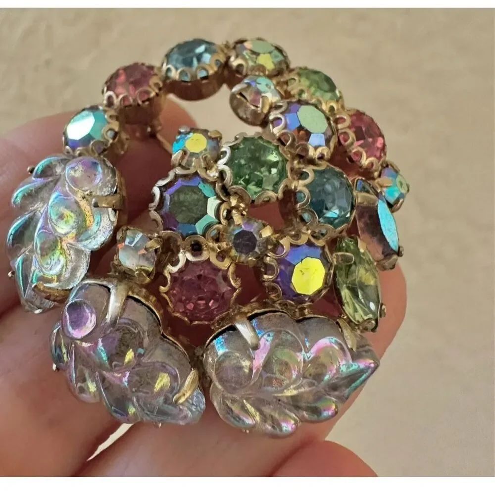 WEISS Molded Glass Leaves AB Rhinestone Wreath Brooch Vintage